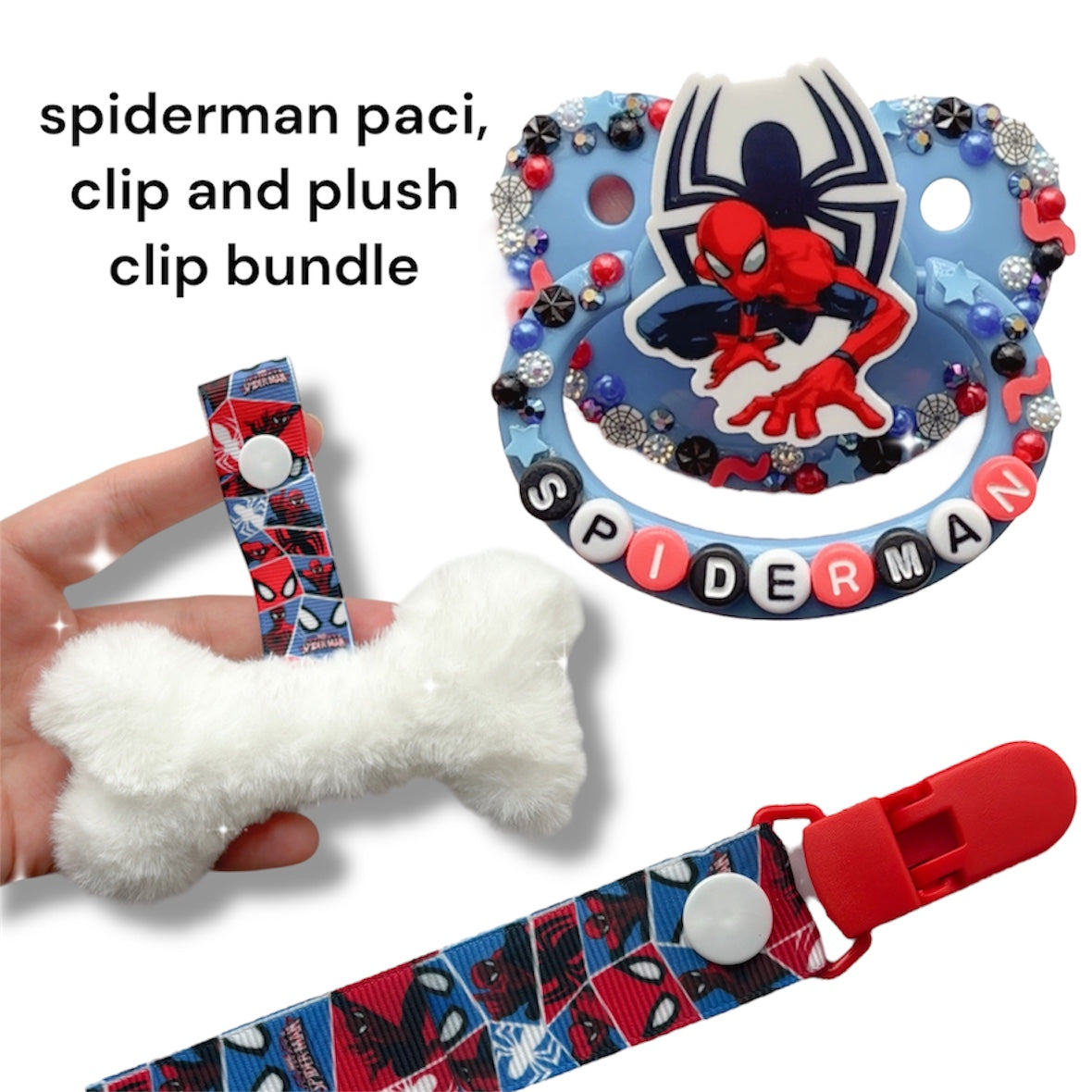spiderman paci, bone clip and clip bundle!