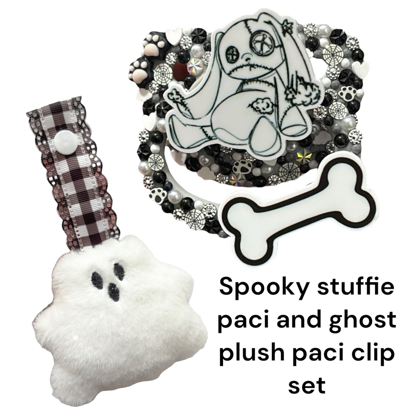 Spooky stuffie paci and plush clip set