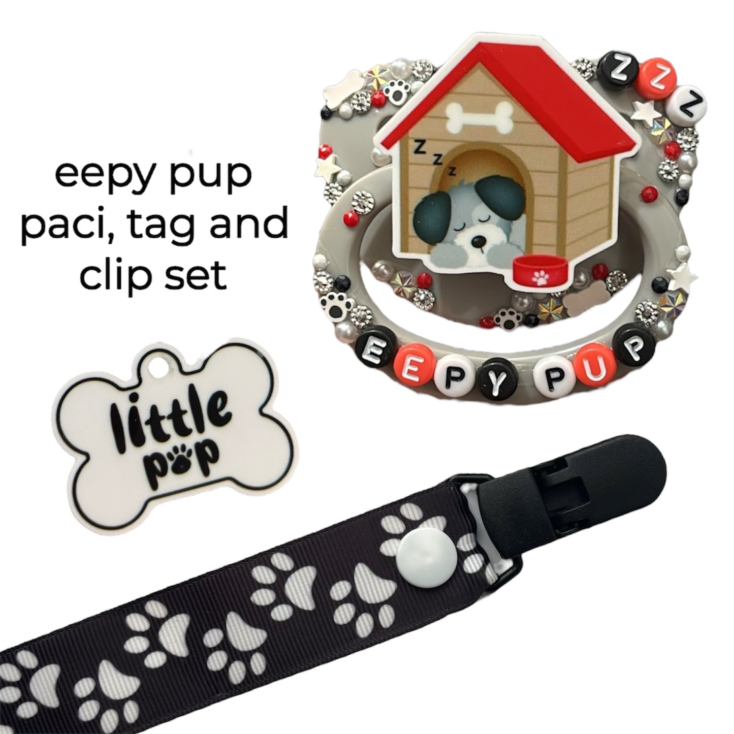Eepy pup paci, tag and clip bundle!