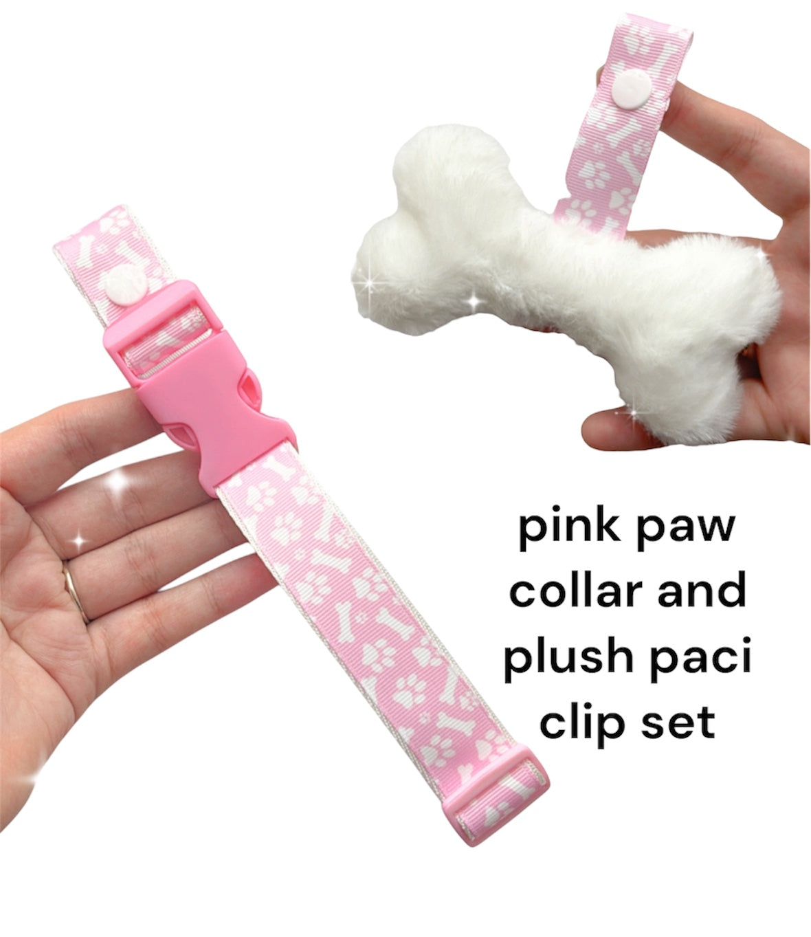 pink paw collar and plush paci clip bundle