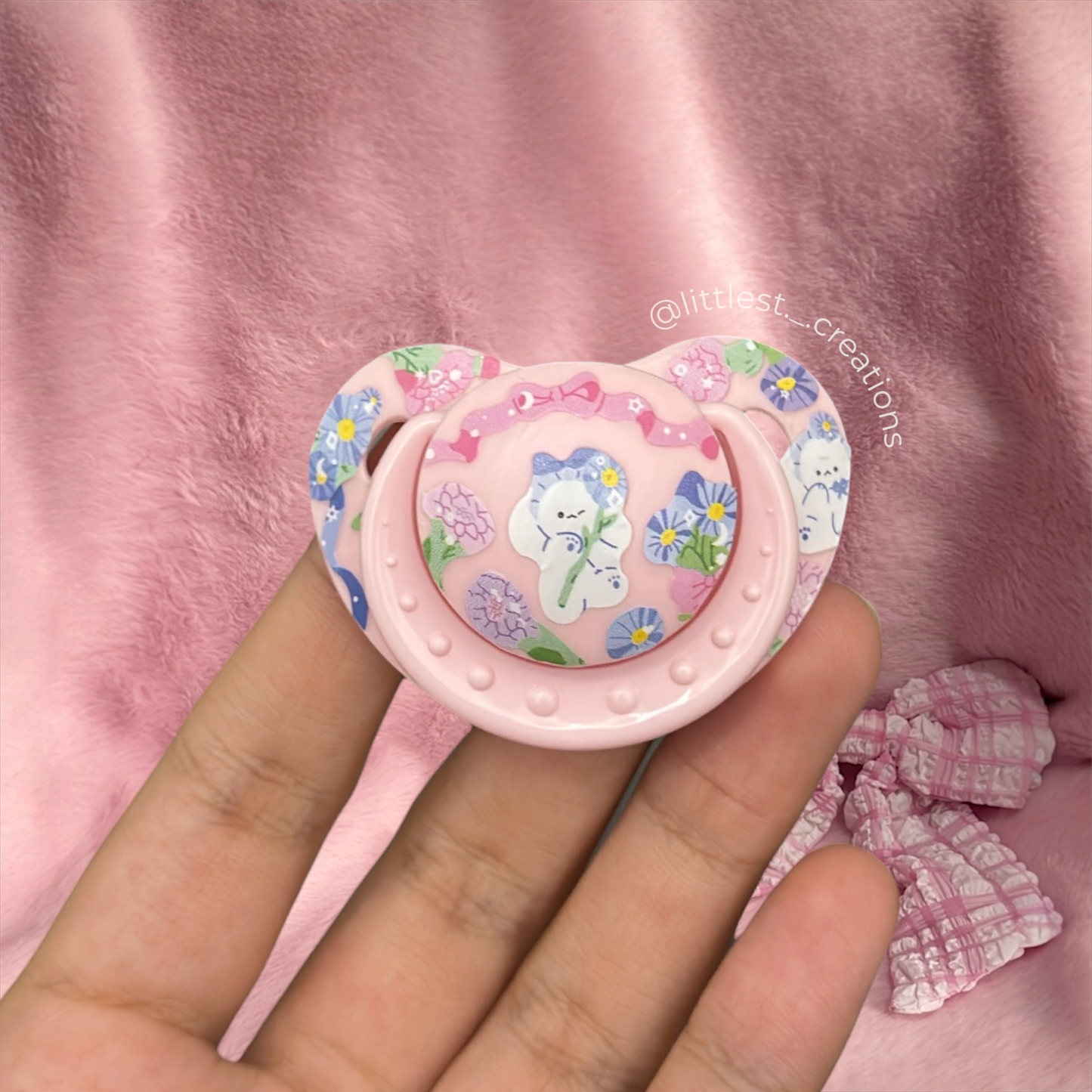 Floral bun small shield sticker paci