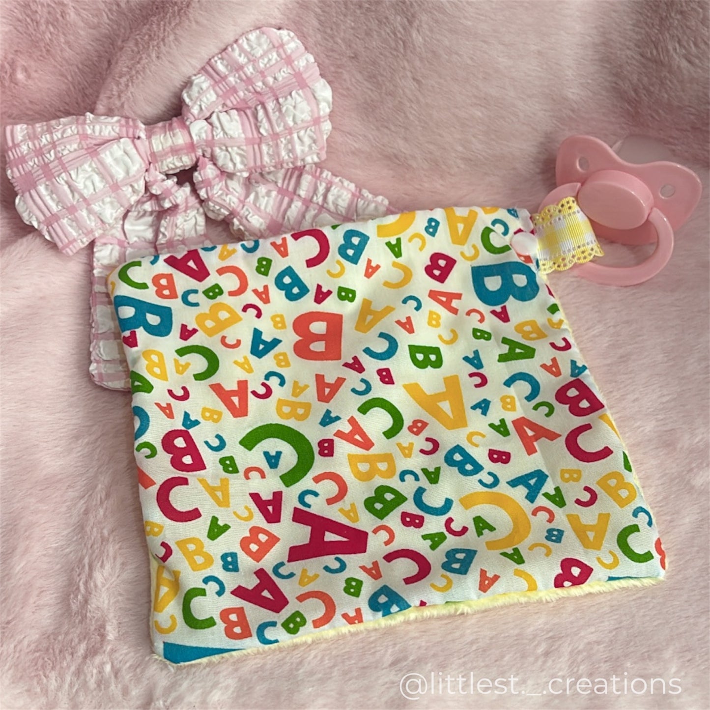 Alphabet pacifier blankie clip