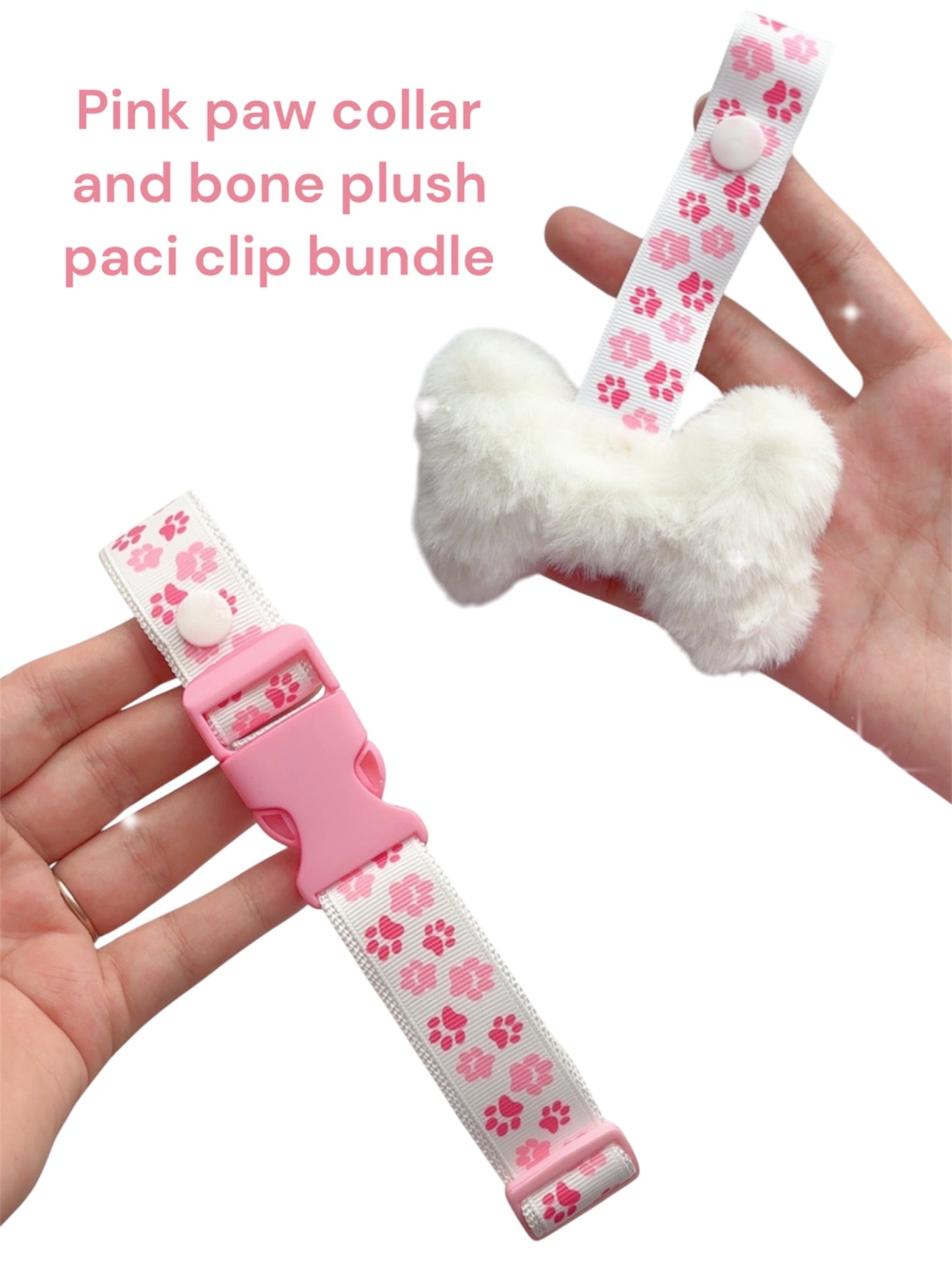 Pink paw petre collar and bone plush clip bundle